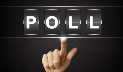 Hand pointing at flip clock display showing 'POLL' with glowing fingertip on dark background