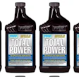 Four bottles of FPPF Total Power motor oil with black caps and blue-labeled packaging
