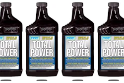 Four bottles of FPPF Total Power motor oil with black caps and blue-labeled packaging