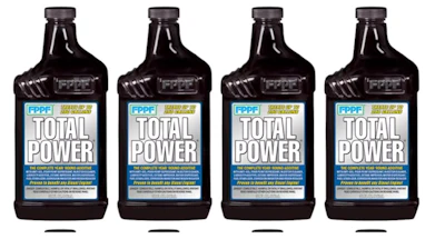 Four bottles of FPPF Total Power motor oil with black caps and blue-labeled packaging