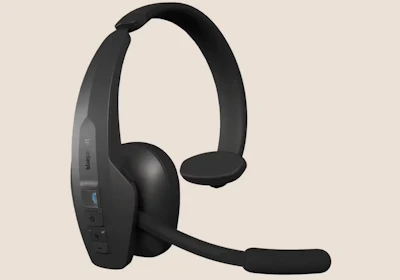 Black wireless mono headset with boom microphone and padded headband