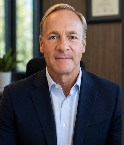 Professional headshot of a man in dark blazer and light blue shirt in modern office setting
