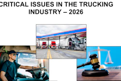 Composite infographic showing critical trucking industry issues: driver operating vehicle, commercial trucks at facility, and legal scales with gavel