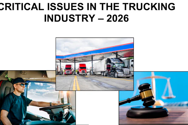 Composite infographic showing critical trucking industry issues: driver operating vehicle, commercial trucks at facility, and legal scales with gavel