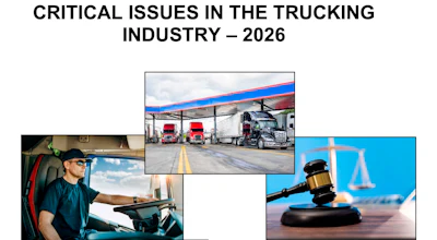 Composite infographic showing critical trucking industry issues: driver operating vehicle, commercial trucks at facility, and legal scales with gavel
