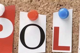 Colorful letter cards spelling POLL pinned to cork board with pushpins