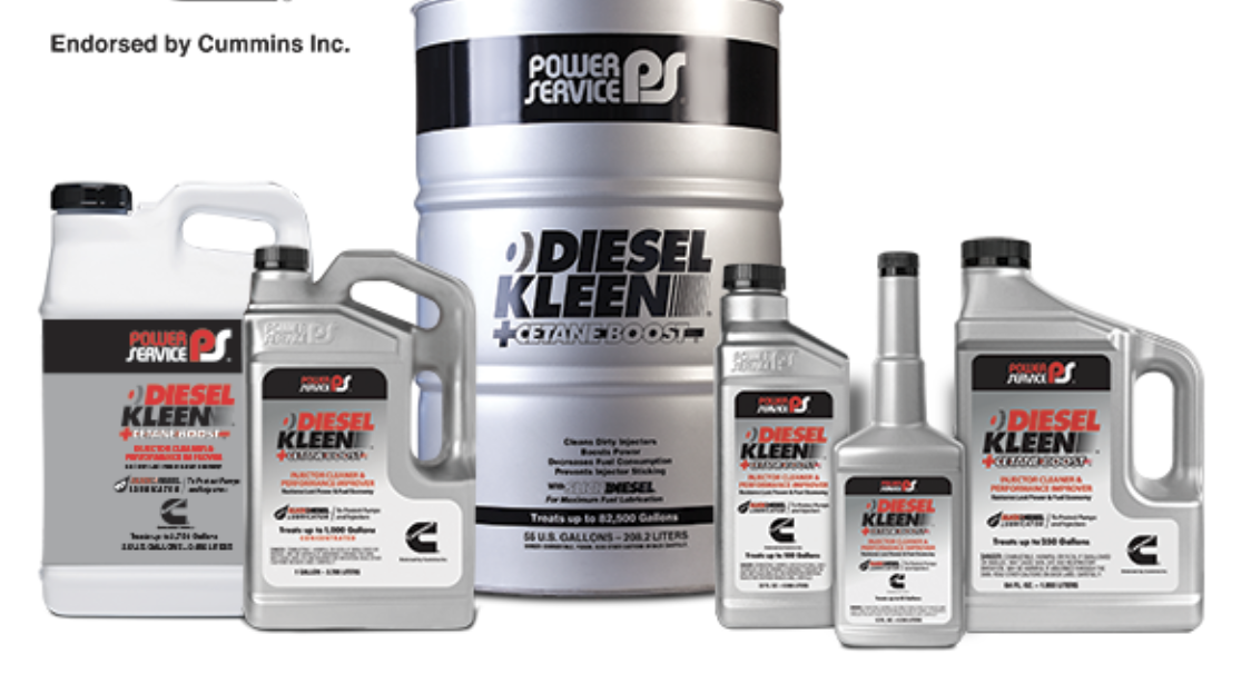 Diesel Kleen fuel treatment product line by Power Service, including bottles and drums endorsed by Cummins Inc.