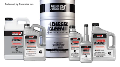 Diesel Kleen fuel treatment product line by Power Service, including bottles and drums endorsed by Cummins Inc.