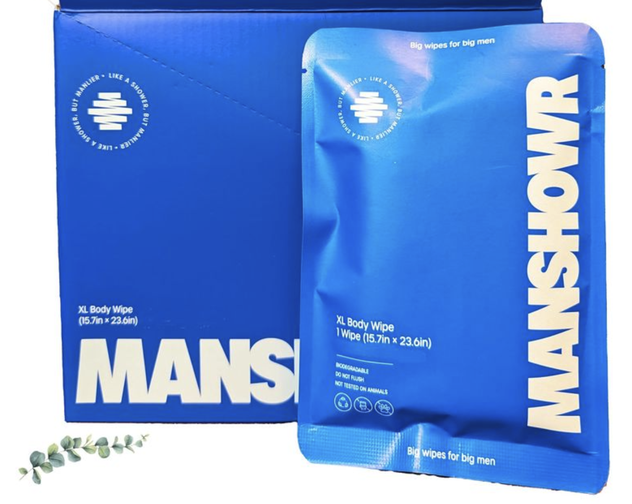 MANSCHOWR XL body wipes packaging in blue with product box and individual wipe packet displayed