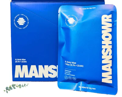 MANSCHOWR XL body wipes packaging in blue with product box and individual wipe packet displayed