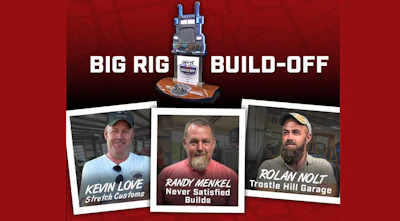 Big Rig Build-Off event poster featuring three truck builders: Kevin Love from Stretch Customs, Randy Menkel from Never Satisfied Builds, and Rolan Nolt from Trostle Hill Garage