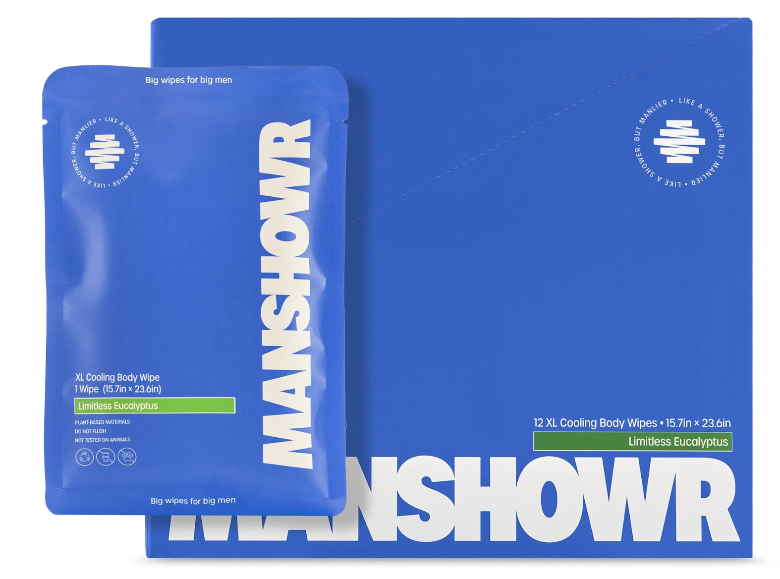 MANSHOWR cooling body wipes product packaging in blue with white branding and circular logo design