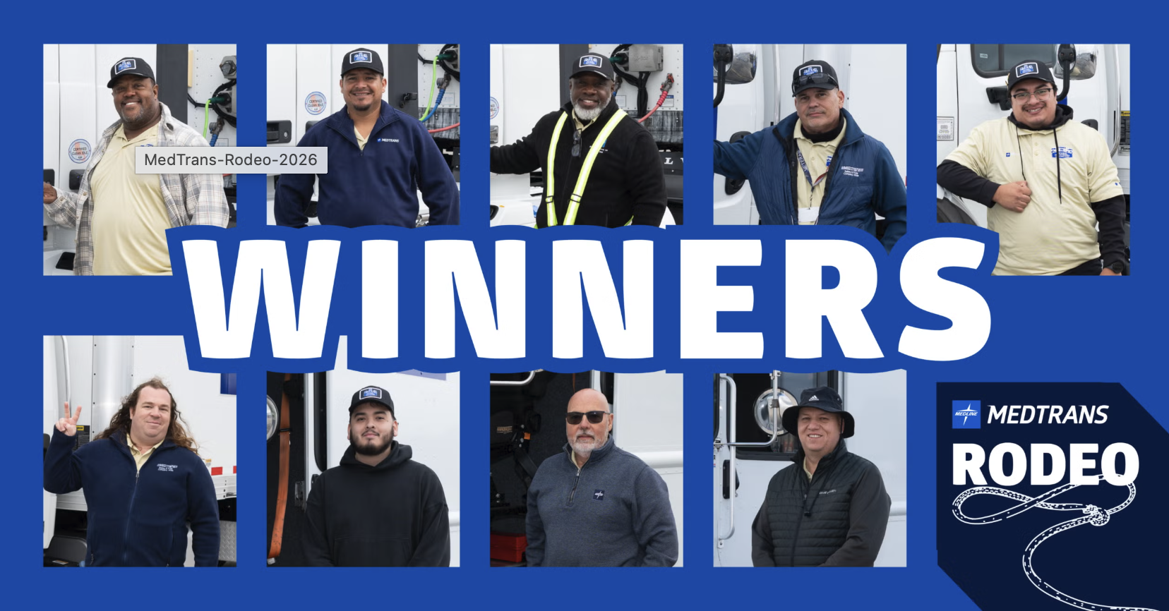 MedTrans Rodeo 2026 winners group photo featuring nine team members wearing branded caps and jackets