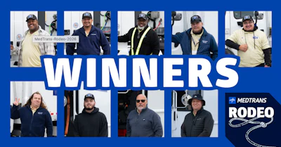 MedTrans Rodeo 2026 winners group photo featuring nine team members wearing branded caps and jackets